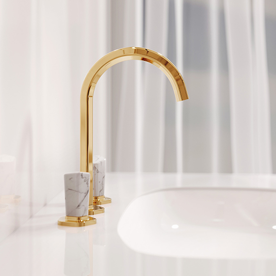 Jörger Design, Shado, смеситель, дизайнерский, на три отверстия, раковина, ванна, белая бирюза, самоцвет, благородная латунь, элитный, эксклюзив, 18-каратный, золото, многогранник, натуральный камень, luxury, премиум, элитная сантехника 