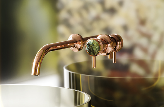 Jörger Design, emotional, Bad, en suite, Ästhetik, Luxus, Armaturen, Valencia, Roségold, Labradorit, Schmuckedition, Naturstein, einzigartig, elegant, charmant, luxuriös, Wand-Waschtisch Ein-Hand Batterie, Einhebelmischer, Wandmodell, Albume, Antonio Lupi