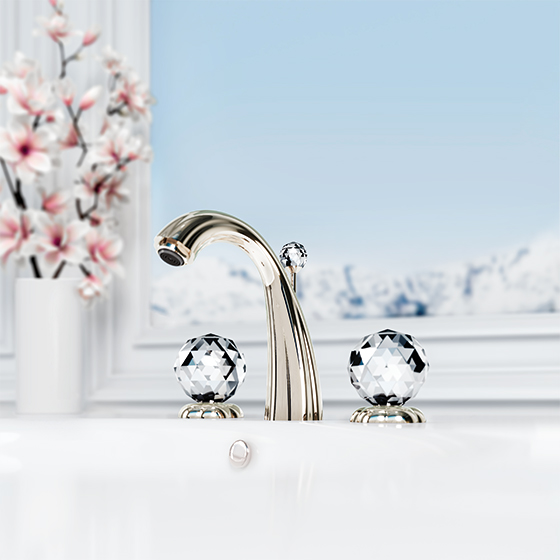 Jörger Design, Bad-Ästhetik, Florale Crystal, Silbernickel, Kristall, Dekor, Glas, klar, Luxus, Waschtisch, Armatur, Dreiloch, Batterie, klassisch, elegant, zeitlos, edel, erlesen, luxuriös, Nostalgie, Romantik, Retro