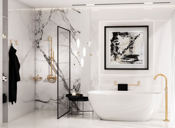 Jörger Design, Shado im Edelmessing mit weißem Türkis, Luxus-Badezimmer mit Designer-Armatur, freistehender Badewanne