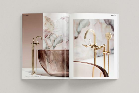 Jörger Design, Cronos в эксклюзивной отделке Благородная латунь, двойная страница внутри, Jörger Magazine 2022, новый каталог, коллекция, дизайнерский смеситель, аксессуары для ванной, дизайн ванной, элитная сантехника 