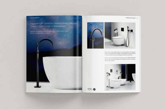 Jörger Design, Charleston Square in Mattschwarz, Doppelseite im Innenteil, Jörger Magazin 2022, neuer Katalog, Kollektion, Designer-Luxus-Armaturen, Kollektionen, Bad-Armaturen, Bad-Accessoires