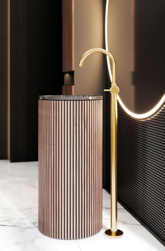 Valencia, Standarmatur in Mattgold mit Metallgriffen, für bodenstehenden Waschtisch