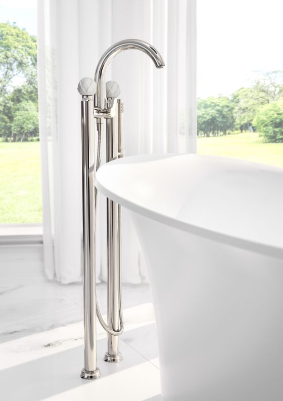 JÖRGER Belledor  Напольный смеситель для ванны в отделке «платина» с ручками из белого фарфора FÜRSTENBERG