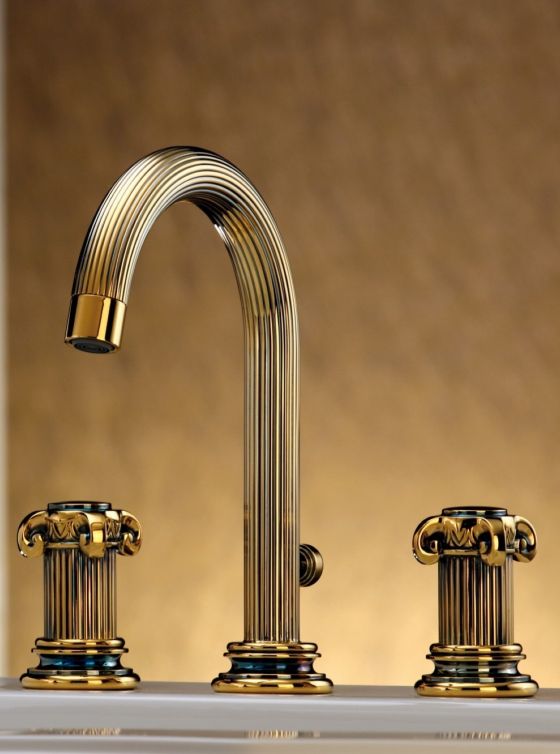 Jörger Design, APHRODITE, Antique Gold, 3-hole washbasin mixer, Ancient Greece, blue accents, silver refinement, classic design, Joerger