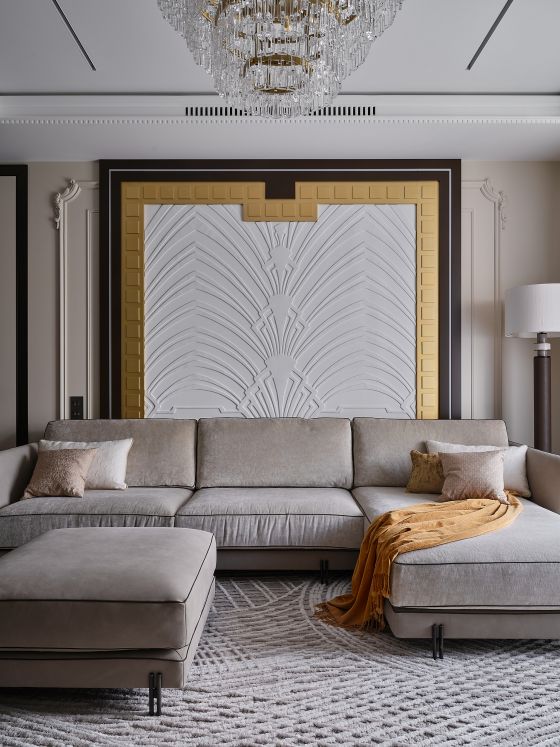 Living room, designer Ekaterina Gorbunova, Art Deco, sculptural carpet, geometric, ornament, bas-relief, plant pattern, elegant, luxury, sophisticated