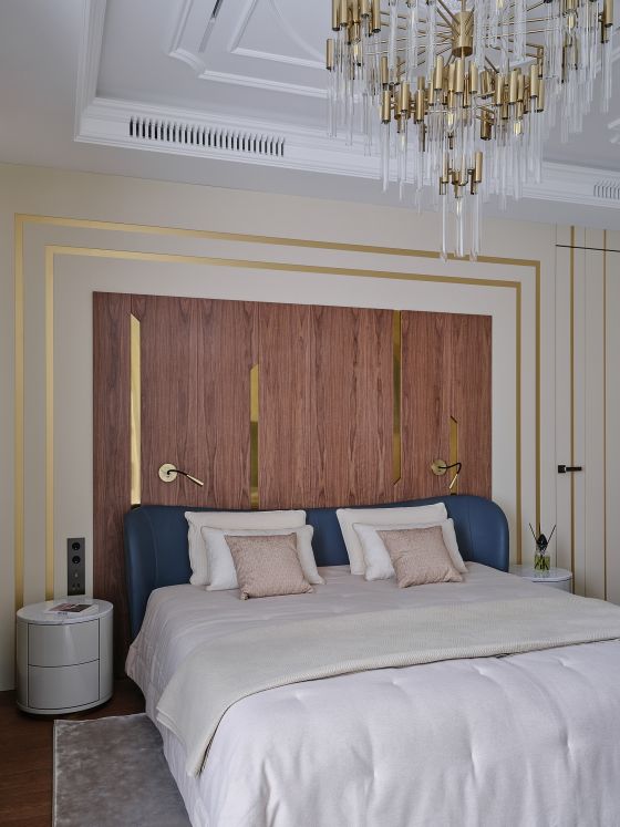 Bedroom, designer Ekaterina Gorbunova, Art Deco, wood panel, brass, gold frame, portal, elegant, sophisticated, refined, exquisite