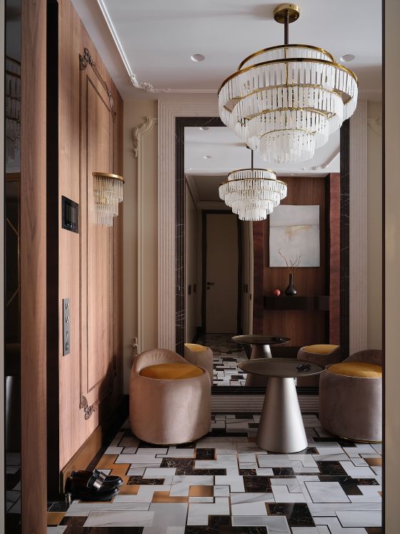 Design project, Ekaterina Gorbunova, Art Deco, doorway, hallway, mosaic, brass, ceramic, geometric pattern, elegant, artistic