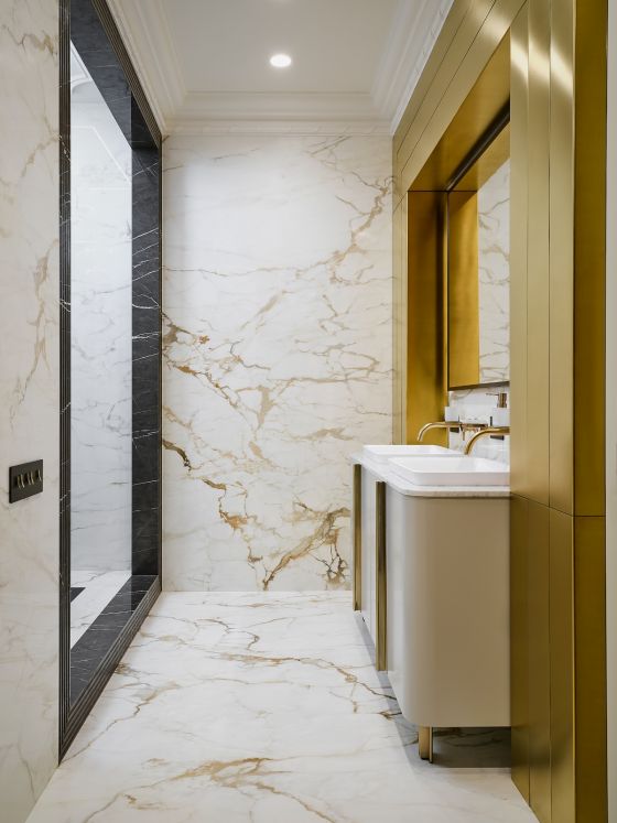 Jörger Design, Valencia, design taps, single-lever, wall-mounted, mixer, sunshine matt, black crystal, art deco, Ekaterina Gorbunova, bathroom, elegant, gold 