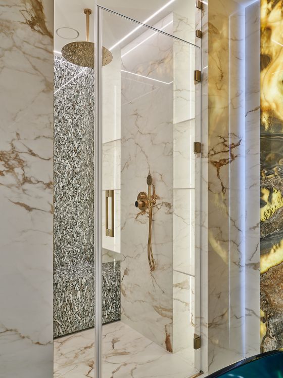 Jörger Design, Valencia, design taps, shower set, 300 mm overhead shower, sunshine matt, black crystal, Ekaterina Gorbunova, elegant bathroom, marble, gold,