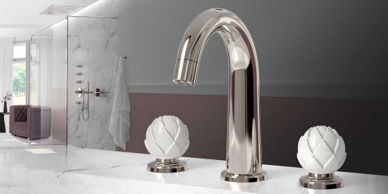 JÖRGER Belledor Washbasin 3-hole tap in platinum with white porcelain handles by FÜRSTENBERG 
