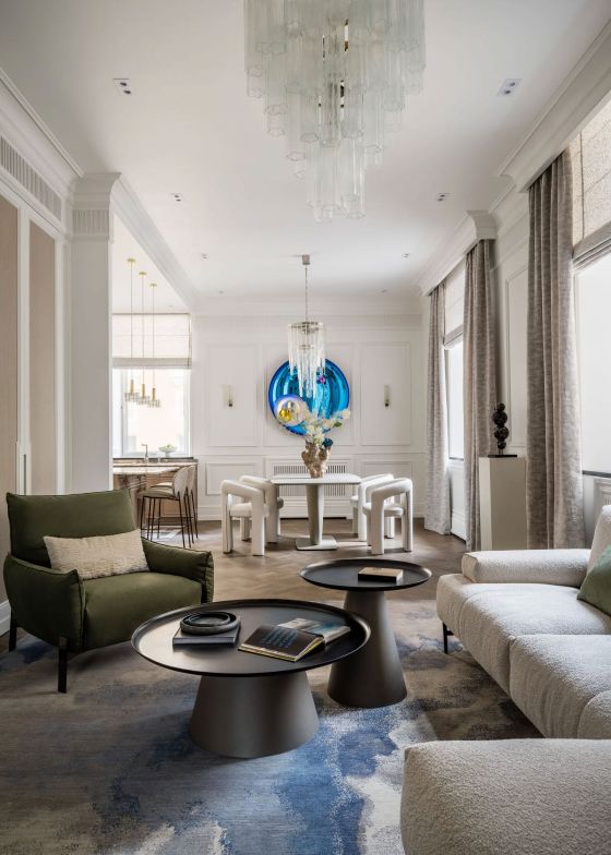 Дизайнер Елена Маркина, стильный интерьер гостиной в Москве, арт объект, историческое здание 1912, перепланировка