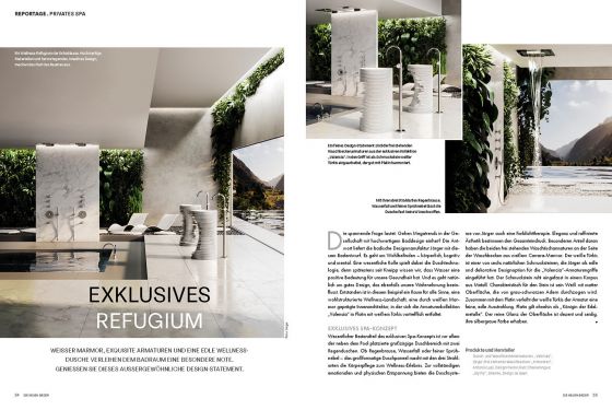 Jörger Design, media, magazine, Die neuen Bäder, issue, SH 01, 2023, reportage, double inside page, home spa, wellness oasis, Valencia, jewelry design, platinum, white turquoise, trade magazine publisher