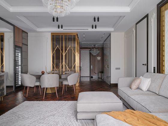 Living room, designer Ekaterina Gorbunova, Art Deco, sculptural carpet, geometric, brass, dining room, elegant, luxury, sophisticated, 