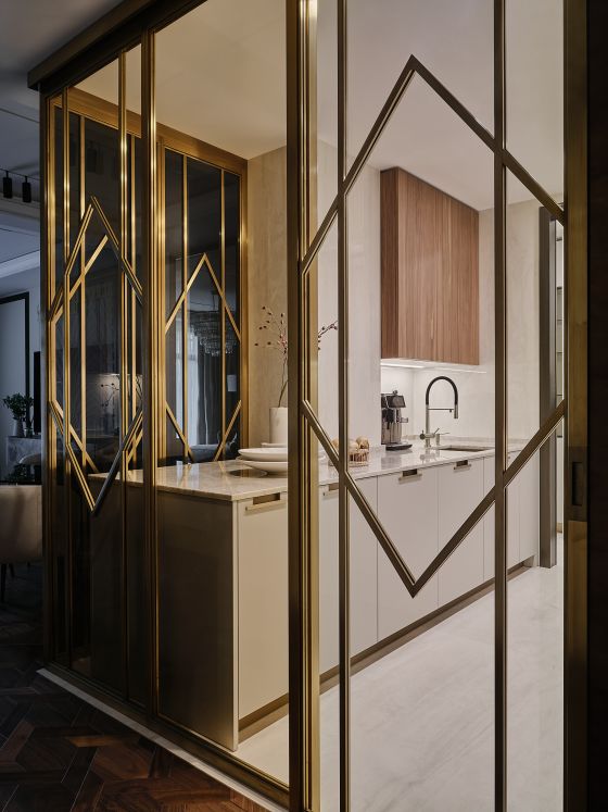 Design project, living, designer Ekaterina Gorbunova, Art Deco, Cesar kitchen, glass partition, matt brass frame, elegant, luxury, sophisticated