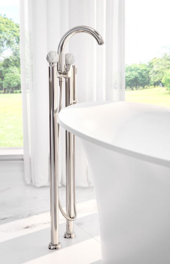 JÖRGER Tub/shower mixer set for free standing assembly in platinum by Jörger with porcelain handles in white by Fürstenberg 