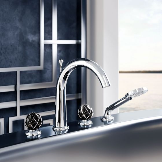 Belledor by Jörger, tub, shower 4-hole mixer in chrome, tap handles made of black porcelain decorated with platinum painting, shiny silver Holiday design bathtub by the Italian luxury brand Devon&Devon