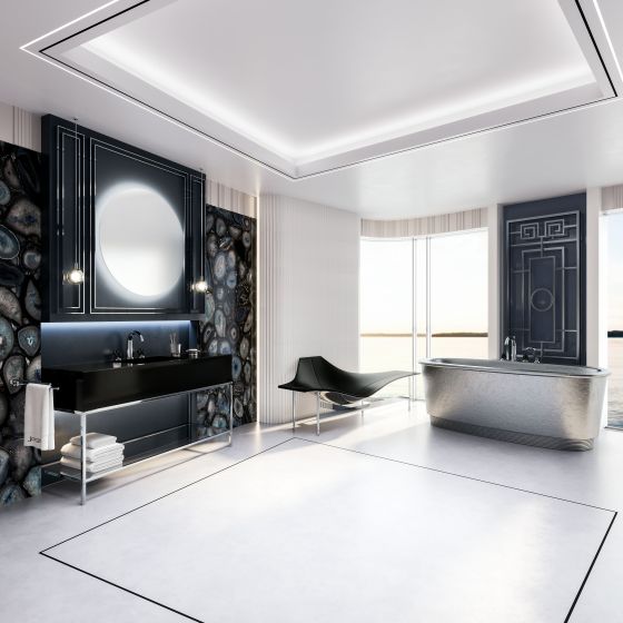 Jörger, Belledor, taps, accessories, show bathroom, bathroom interior, neo art deco, design bathtub by Devon&Devon, chaise longue by B&B Italia