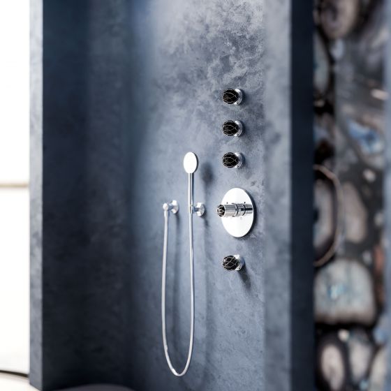 Belledor, shower combination with concealed thermostat in chrome and platinum-painted black porcelain handles.