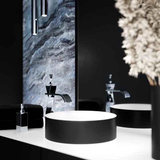 Jörger Design, modern, maritim, Bad-Design, Inspiration, geometrische Formen, Trendfarbe, Schwarz, Turn, Chrom, Waschtischarmatur, Accessoires