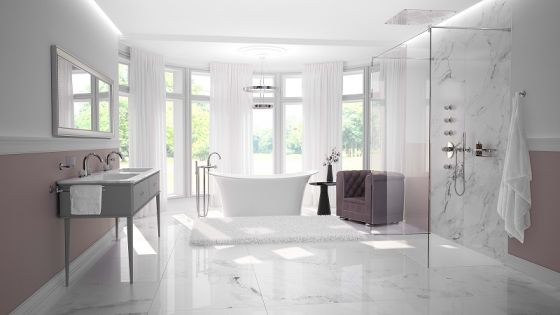 JÖRGER Taps and accessories in platinum by Jörger with porcelain handles in white by Fürstenberg