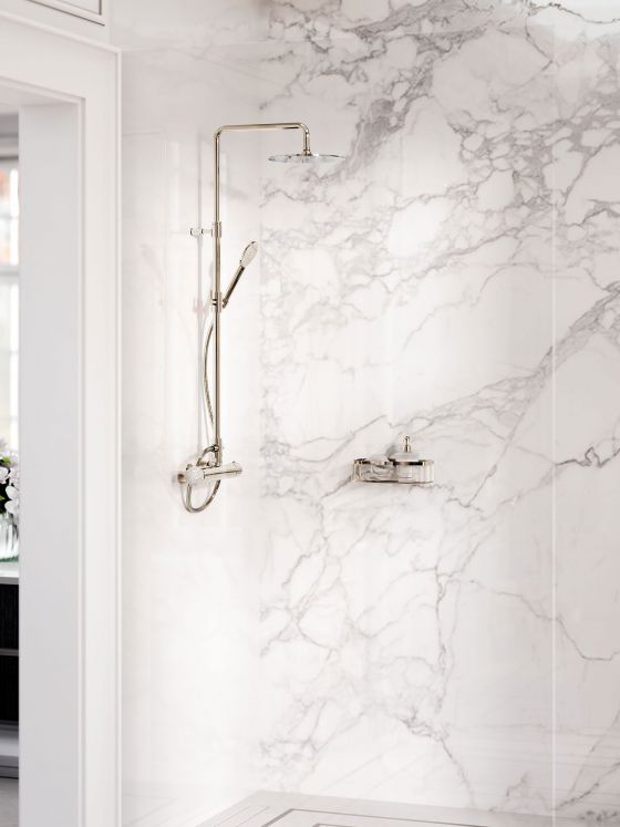 Jörger Design, Belledor, Silbernickel, Porzellan, Mother of Pearl, Perlmutt, Duschsystem, Aufputz-Thermostat, Regenbrause, Schwammkorb, exklusiv, klassisch, elegant, edel