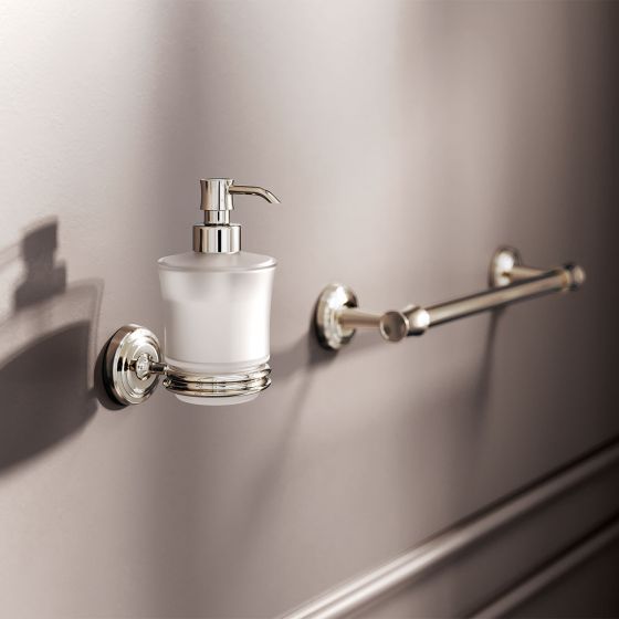 Jörger Design, Belledor, Silbernickel, Lotionspender, Handtuchhalter, exklusiv, klassisch, elegant, edel, Wanddekor, Wandverkleidung, Kaschmirbraun, Sofia-decor