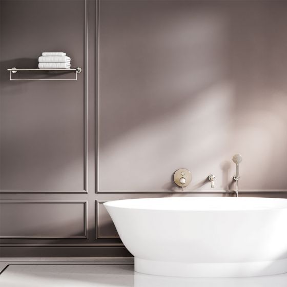 Jörger Design, Belledor, Silbernickel, Mother of Pearl, Perlmutt, Unterputz-Einhand-Wannen- und Brausebatterie, Wand-Wanneneinlauf, Badetuchablage, exklusiv, klassisch, elegant, edel, Oval-Badewanne, The New Classic, Weiß, Laufen, Wanddekor, Kaschmirbraun