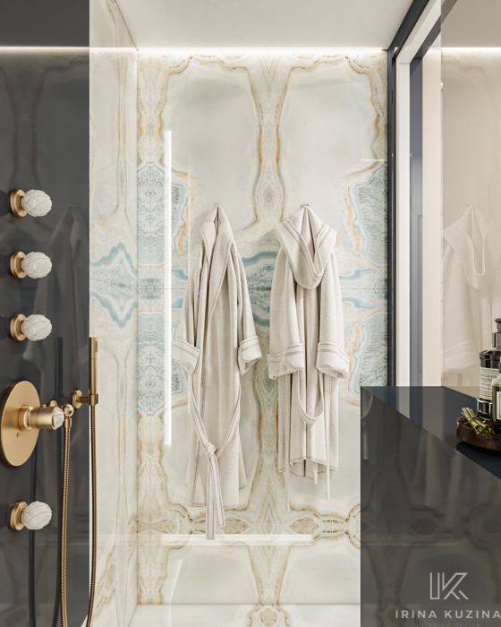 Concealed wall thermostat and wall valve, shower combination | product series Belledor in sunshine matt | with porcelain handles by Porzellanmanufaktur FÜRSTENBERG.