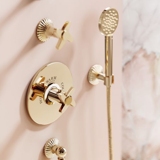 Jörger, Cronos, luxurious, fluted design, exclusive finish, Sunshine, surface, electroplated, gold plated, carat, 18, golden hue, sunny look, shower, concealed wall thermostat, shower combination, hose shower set, Cronos rosette, Niveum