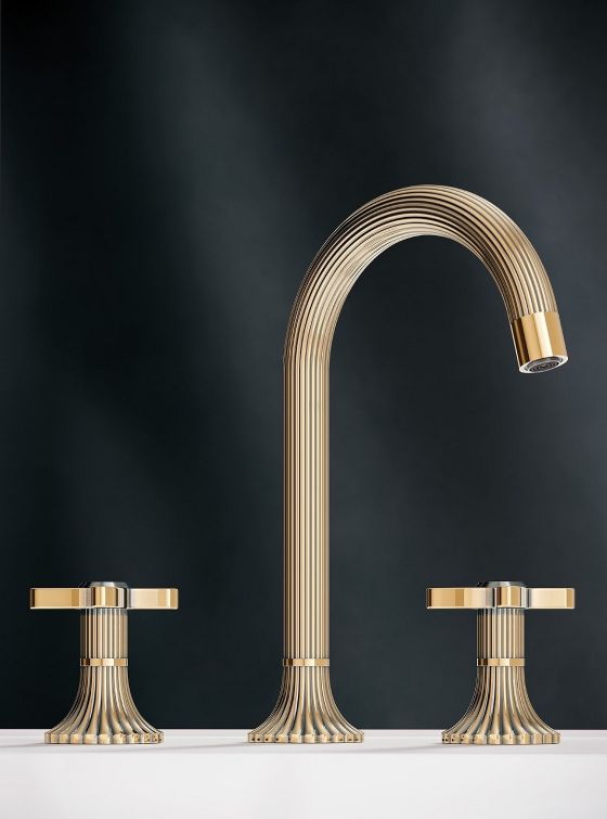 Jörger Design, CRONOS, classic tap, Antique Gold, patinated, 24-carat gold, 3-hole mixer, designer, washbasin, Jörger