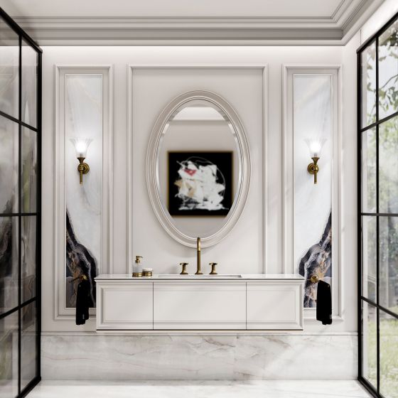 Jörger Design, Cronos, Bronze, gebürstet, Badezimmer, Waschtisch-Bereich, Dreiloch-Batterie, Kreuzgriffe, Accessoires, Waschbecken, Bodenfliesen, Onici, Feinsteinzeug-Kollektion, Marmor-Optik, Casalgrande Padana, klassisch, elegant