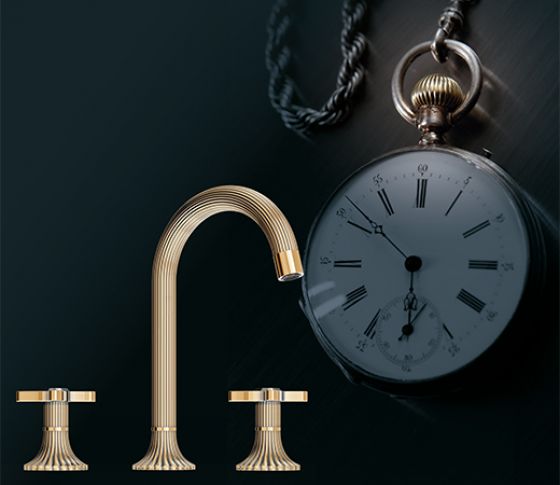Joerger design, Cronos, Oliver Joerger, inspiration,  Inspirational image, pocked watch, historical, groove design,  Washbasin 3-hole mixer, antique gold, cross handles, modern, timeless, unique, design fitting