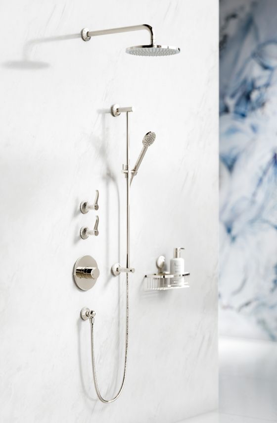 Joerger Design, Cronos, polished nickel, craftmanship, groove design, rosette, shower, concealed wall thermostat, shower combo, concealed wall-valve-modul, shower combination, body spray shower head, sponge basket 