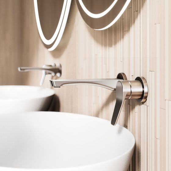Jörger Design, Eleven, современный, премиальный, смеситель, однорычажный, подвесной, матовый никель, ванная, санузел, раковина, круглая, двойная, плитка, дизайн, настенный, Mutina, Phenomenon, LED, зеркало, подсветка