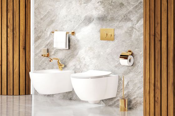 Jörger, Exal, modern, luxuriös, Bad, Bidet, Armatur, Accessoires, Edelmessing, Oberfläche, galvanisch, vergoldet, Karat, 18, Gold-Ton, sonnige Optik, Ein-Hebelmischer, Ausladung 180, Höhe 160, Luftsprudler, Flaminia, App, Wand-Bidet, WC