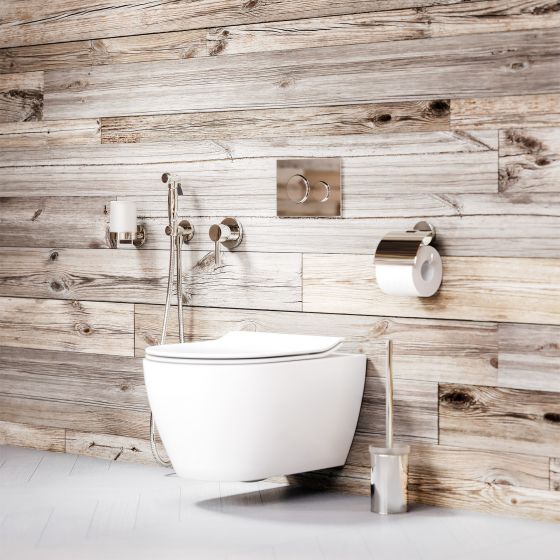 Jörger Design, Eleven, new, modern, design, collection, faucets, accessories, polished nickel WC, toilet, hygiene shower set, concealed, lotion dispenser, paper holder, toilet brush set, free-standing, toilet, wall-mounted, Moon, Scarabeo