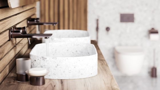 Jörger Design, Exal, bathroom, faucet, fitting, washbasin, single lever wall washbasin mixer, wall model, basin mixer, mink, matt, finish, lifestyle, contemporary, modern, elegant