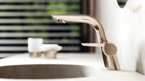 Jörger Design, Exal, bathroom, faucet, fitting, washbasin, single lever mixer, satin nickel, finish, matt, lifestyle, contemporary, modern, charming, elegant