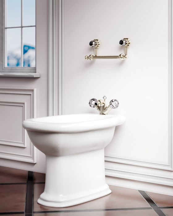 Jörger Design, Bad-Ästhetik, Florale Crystal, Silbernickel, Kristall, Dekor, Glas, klar, Luxus, Bidet, Ein-Loch-Batterie, Armatur, Handtuchhalter, klassisch, elegant, zeitlos, edel, erlesen, luxuriös, nostalgisch, romantisch, retro