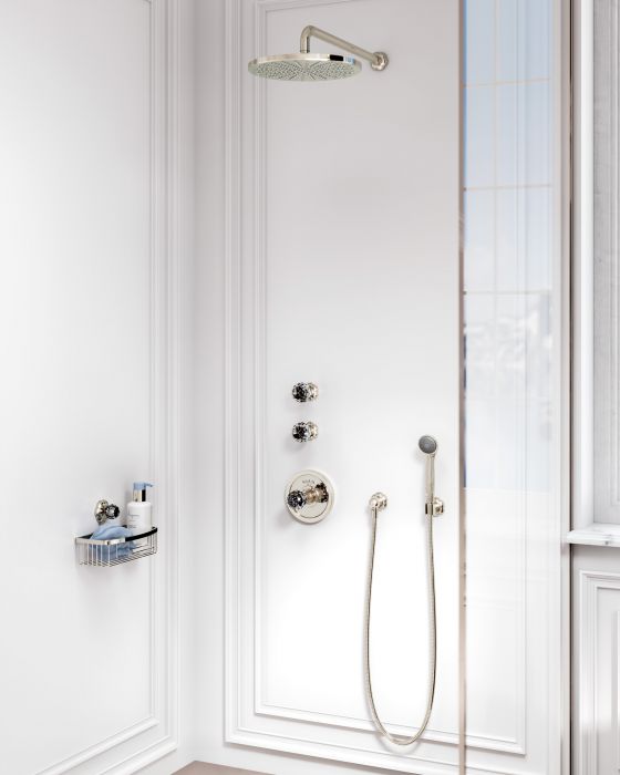 Jörger Design, Bad-Ästhetik, Florale Crystal, Silbernickel, Kristall-Dekor, Glas, klar, Luxus, Duschsystem, Unterputz-Thermostat, Unterputz-Ventil-Module, Regenbrause, Schlauch, Brause, Schwammkorb, Accessoires, exklusiv, klassisch, elegant, edel, zeitlos