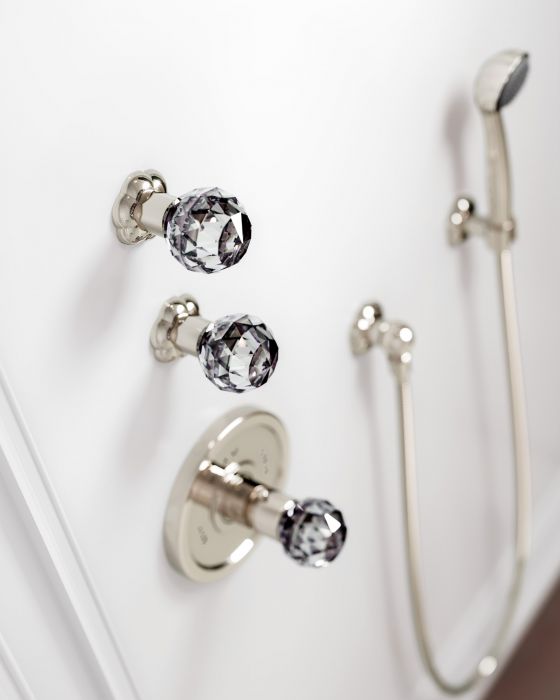 Jörger Design, Bad-Ästhetik, Florale Crystal, Silbernickel, Kristall-Dekor, Glas, klar, Luxus, Duschsystem, Unterputz-Thermostat, Unterputz-Ventil-Module, Schlauch, Brause, klassisch, elegant, zeitlos, edel, erlesen, luxuriös