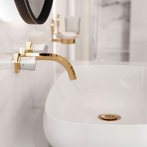 Jörger Design, Shado, Design-Armatur, 3-Loch-Wandarmatur, Edelmessing, weißer Türkis, luxuriöses Badezimmer-Waschbecken