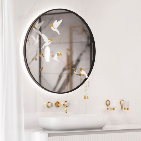 Jörger Design, Shado, Stilvolle Waschtisch-Zone mit Luxus-Design-Wandarmatur, Edelmessing, weißer Türkis Griff, Rundspiegel, elegant, 