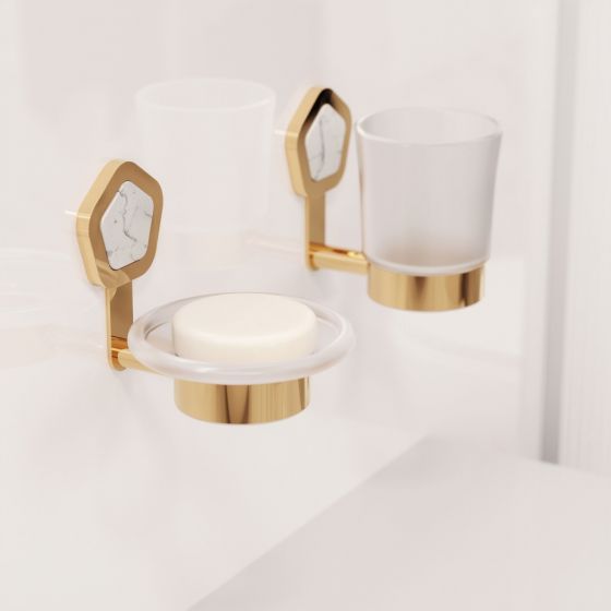 Jörger Design, Shado, Wandmontierte Badezimmer-Accessoires mit fünfeckiger Rosetten, weisser Türkis, Edelmessing, Naturstein, luxus