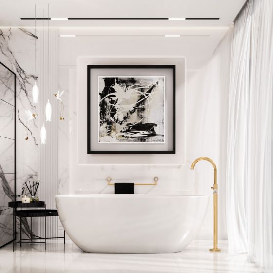 Jörger Design, Shado, Luxus-Badezimmer mit Designer-Armatur im Edelmessing, weißer Türkis, freistehender Badewanne, exklusiv