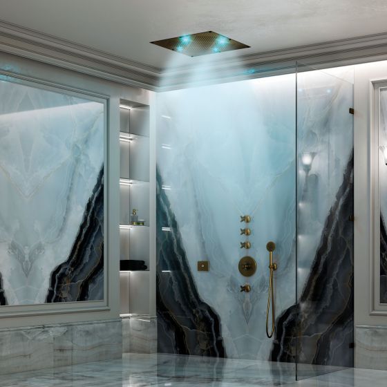 JÖRGER Design, Rainheaven, 610 x 610 mm, Dusche, multifunktional, Regenhimmel, Sprühmodus, Regenstrahl, tropischer Nebel, Bronze, klassisch, Badeinrichtung, Kopfbrause, Farbtherapie, Indigo