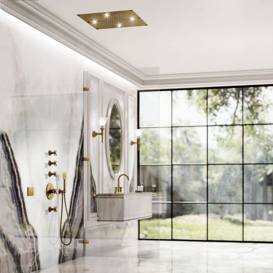 JOERGER Design, Rainheaven, CRONOS, Badeinrichtung, elegant, Deckenpaneel, Dusche, Bronze, klassische Mischbatterie, am Waschbecken, Thermostat, Handbrause, Lichttherapie, Chromotherapie, Wandschrank, Badmöbel, Luxus, Home Spa 
