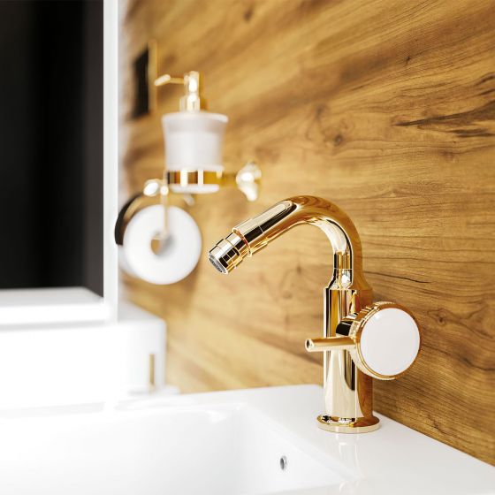 Jörger, Valencia, Edelmessing, Griff, Option, weißer Kristall, exklusiv, Oberfläche, galvanisch, vergoldet, Karat, 18, Gold-Ton, sonnige Optik, Bidet, Armatur, Bidet 1-Hand Batterie