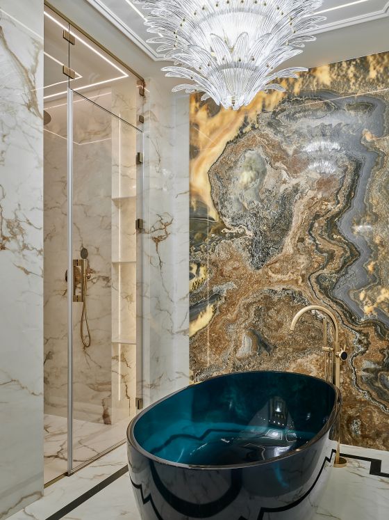 Jörger Design, Valencia, design taps, single-lever, floor mixer, sunshine matt, black crystal, art deco, Ekaterina Gorbunova, onyx panel, oval bathtub, glass bathtub, Antonio Lupi, bathroom, gold, luxury, sophisticated